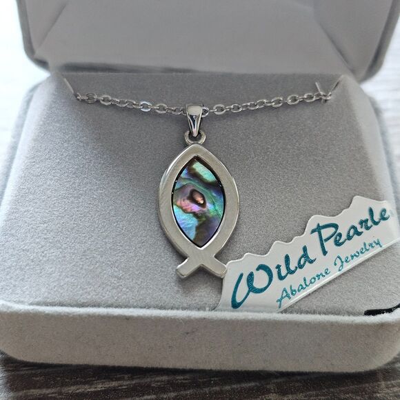 Wild Pearle Abalone Fish Pendant Necklace Ichthys Symbol Silver Tone in Stovrs - Picture 3 of 4